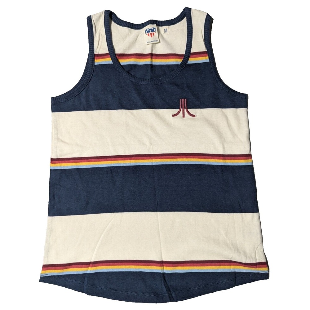 ATARI x JUNK FOOD Juniors XS Blue Striped Embroidered‎ Logo RETRO TANK TOP NEW